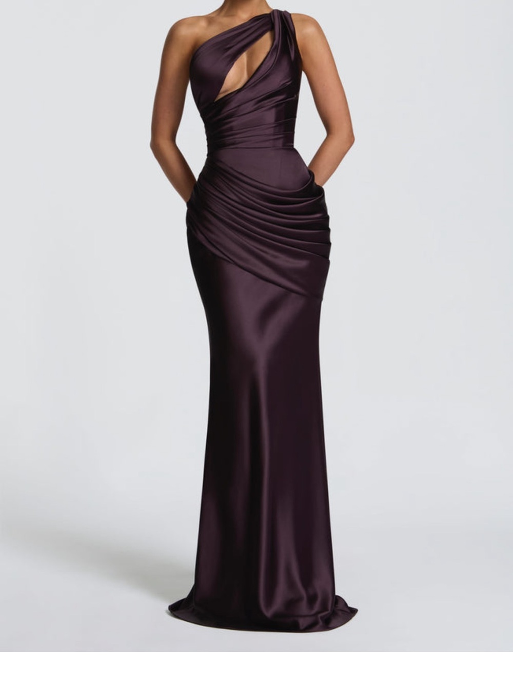 One-Shoulder Plum Satin Evening Maxi Dress